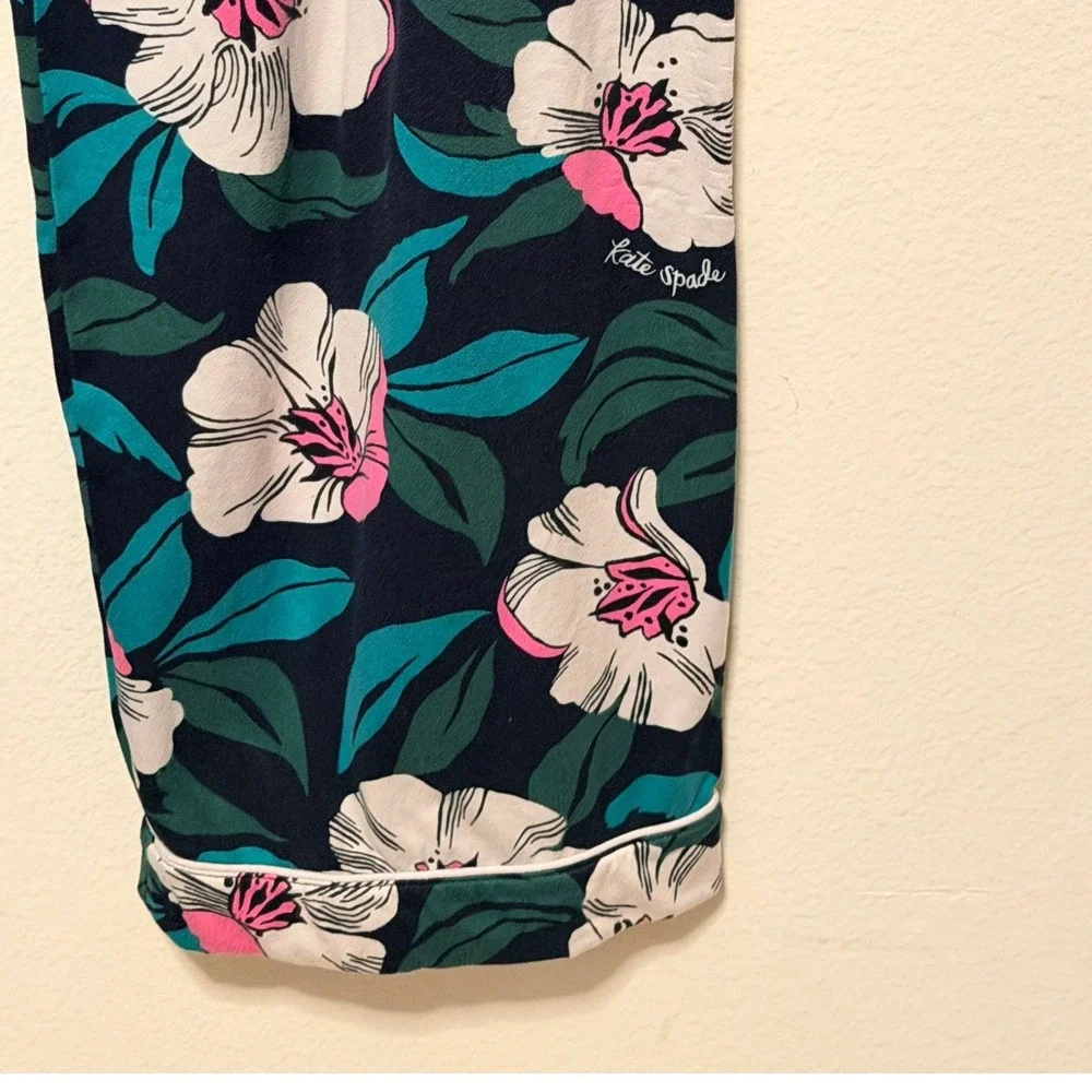 Kate Spade Pajama Set Sz L Hibiscus Floral Short Sleeve Pants Navy Sleepwear